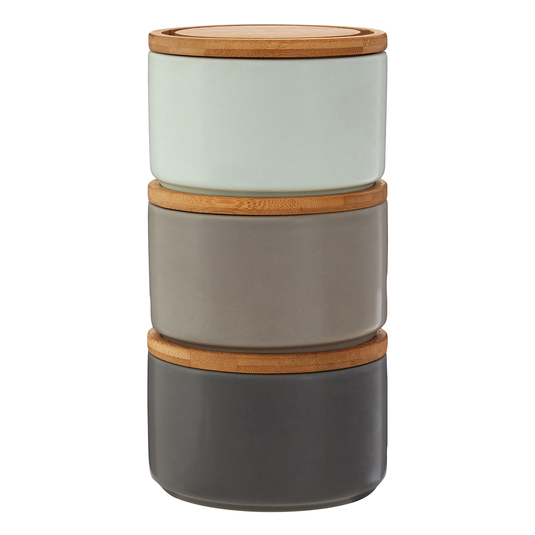 Set of 3 grey/blue stackable storage canisters in dolomite with bamboo ...