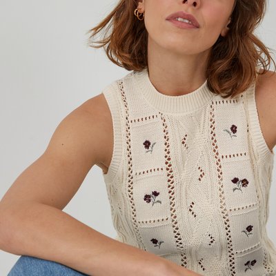 Embroidered Knitted Vest Top in Organic Cotton LA REDOUTE COLLECTIONS