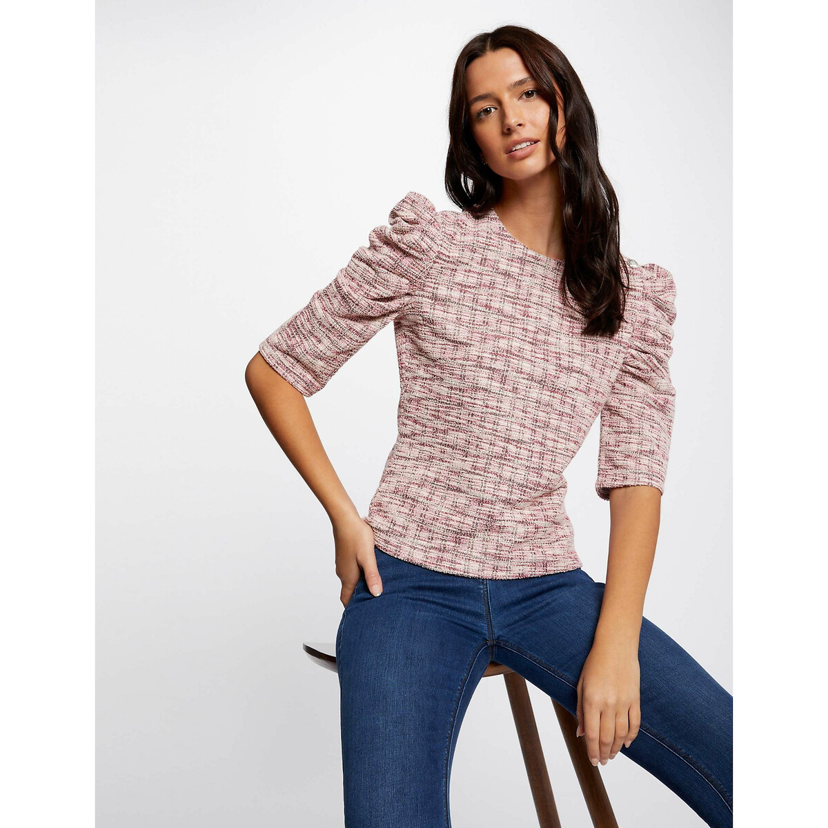 Checked T-Shirt with Gathered Puff Sleeves