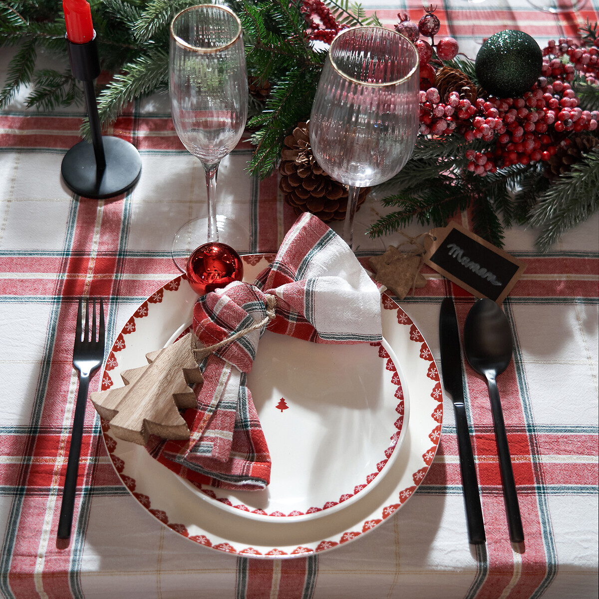 Serviettes de table Noël en coton, Lot de 4, Rouge