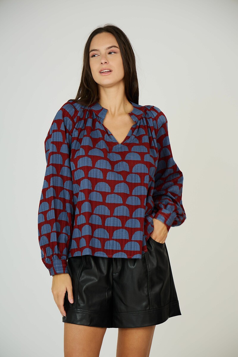 Graphic Print Cotton Blouse with V-Neck, SEE U SOON