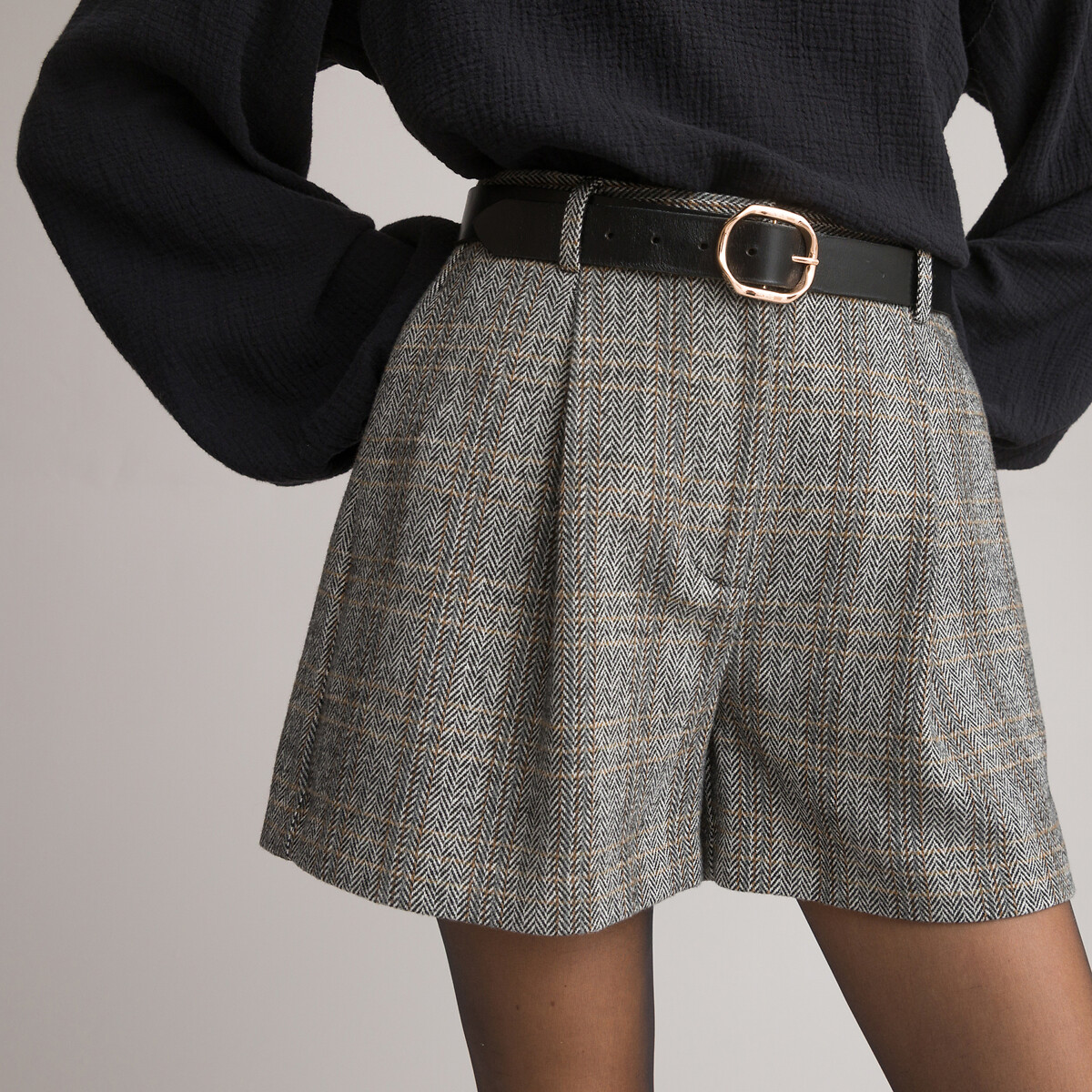 Checked Pleat Front Shorts