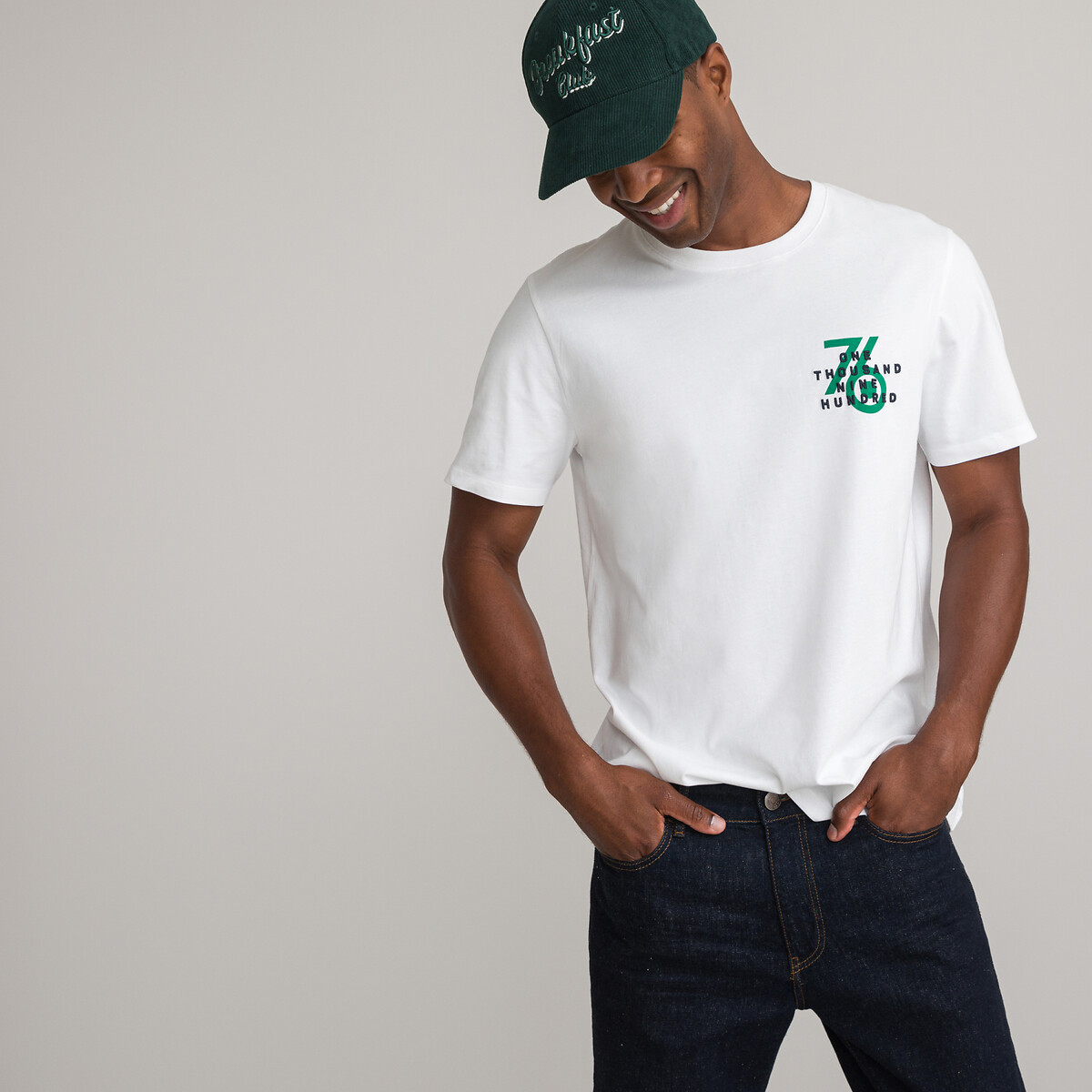 Embroidered Organic Cotton T-Shirt with Print and Crew Neck