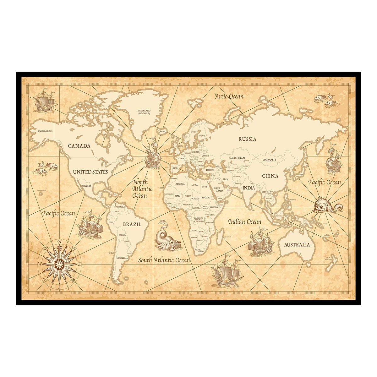 Affiche encadrée carte du monde vintage, HEXOA