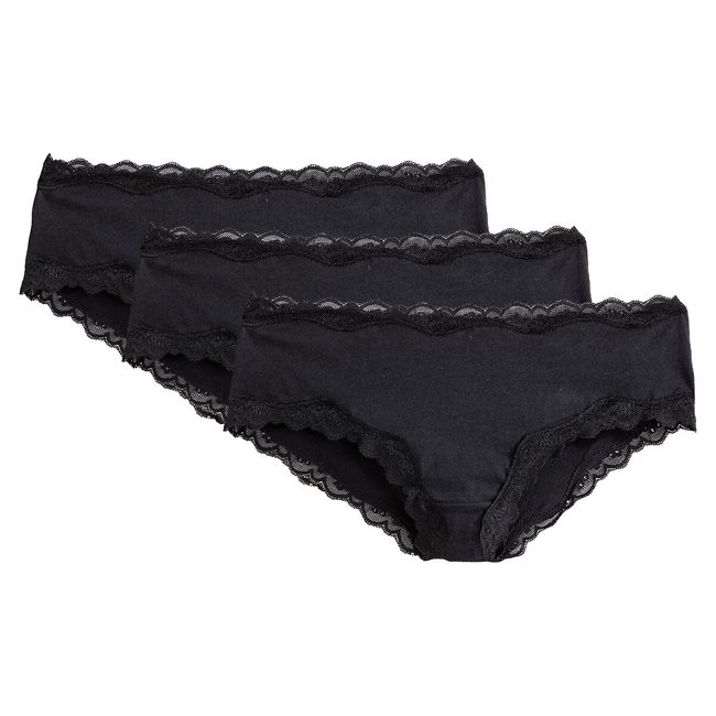Pack of 3 Shorts in Cotton with Lace Trim, black + black + black, LA REDOUTE COLLECTIONS