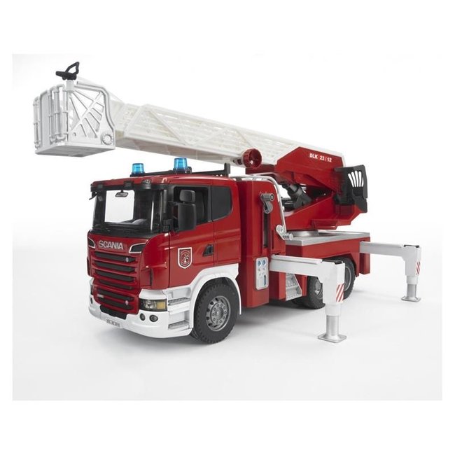 Camion pompier scania r-serie, avec échelle et pompe à eau fonctionnelles,  module son et lumière multicolore Bruder