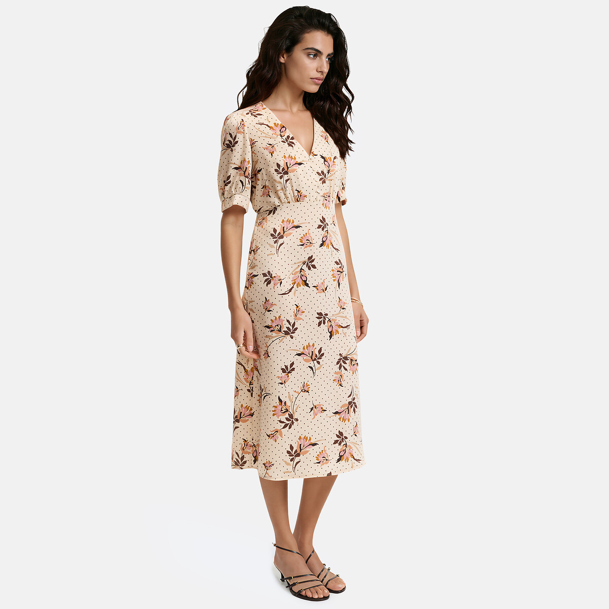 Vestido midi com decote em V, estampado floral e mangas curtas, LA REDOUTE COLLECTIONS