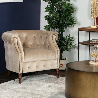 Fauteuil style Chesterfield capitonné tissu velours taupe WELLS PIER IMPORT