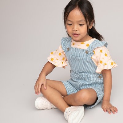 Striped Cotton Short Dungarees with Ruffled Straps LA REDOUTE COLLECTIONS