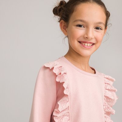 Embroidered Ruffle Sweatshirt in Cotton Mix with Crew Neck LA REDOUTE COLLECTIONS