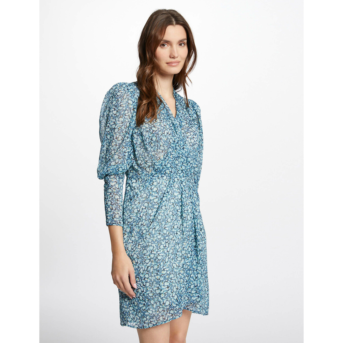 Image of Abstract Print Mini Dress with Puff Sleeves