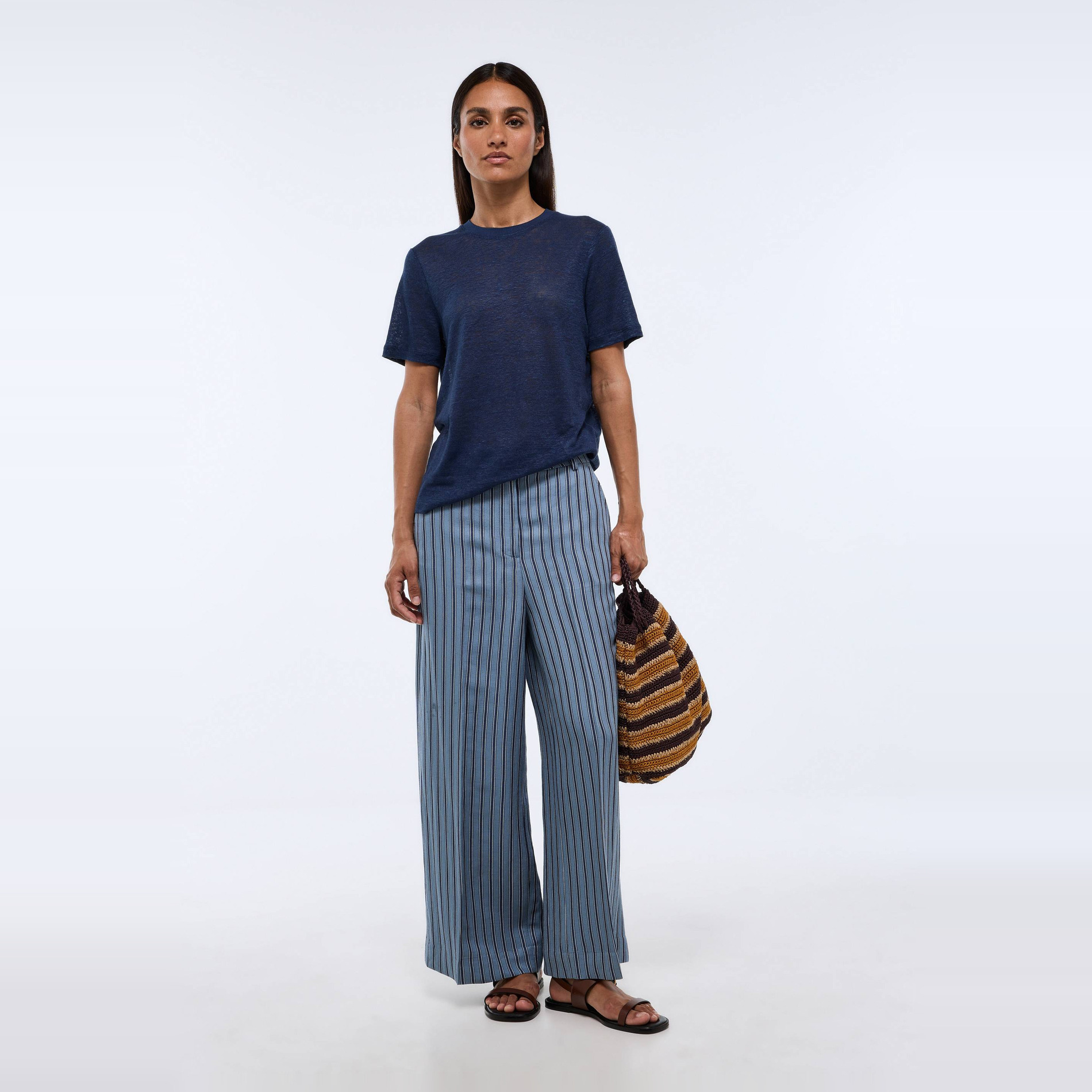 Pantalon large rayé contenant du lin, MONOPRIX