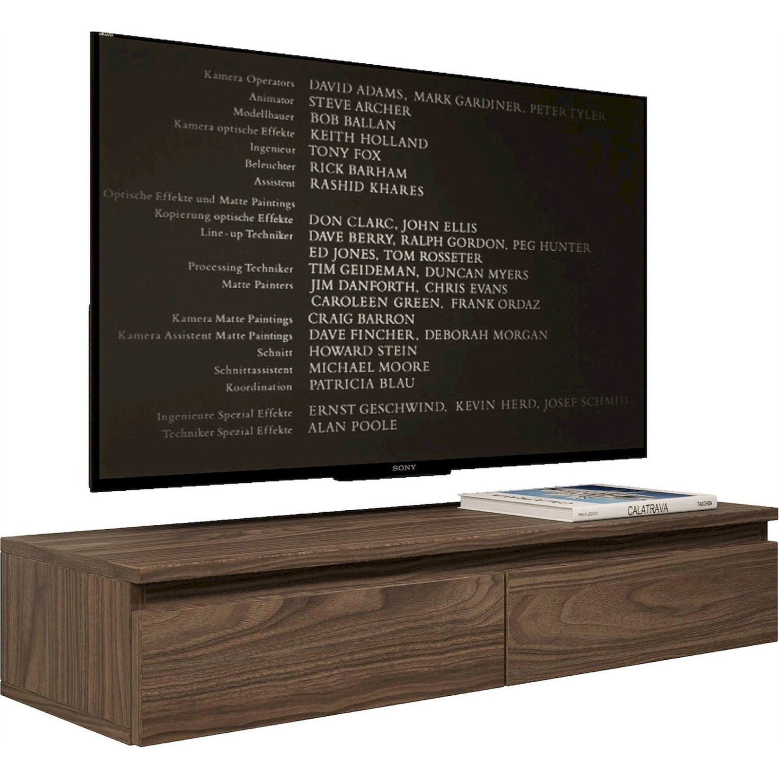 Meuble tv suspendu slim BEMMI en bois de noyer, RECOLLECTION
