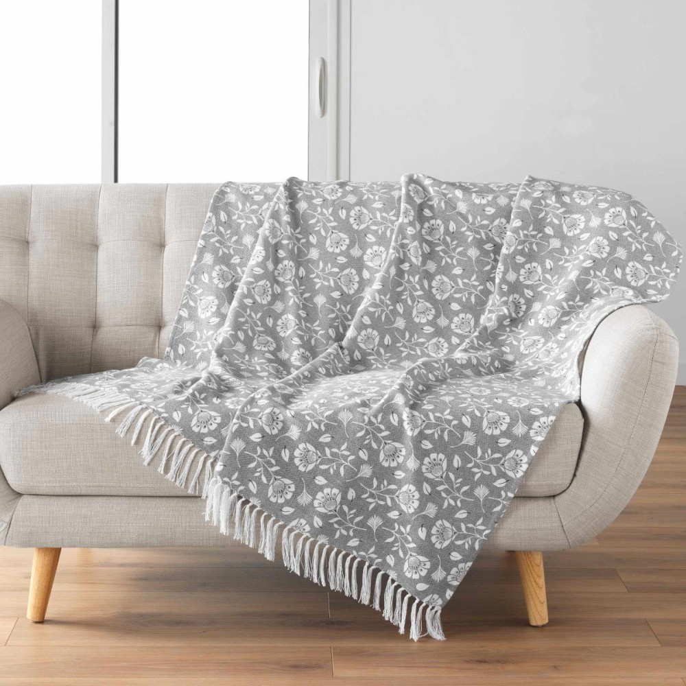 Plaid à franges 125x150 coton polyester imprimé Flavie, DECORATIE