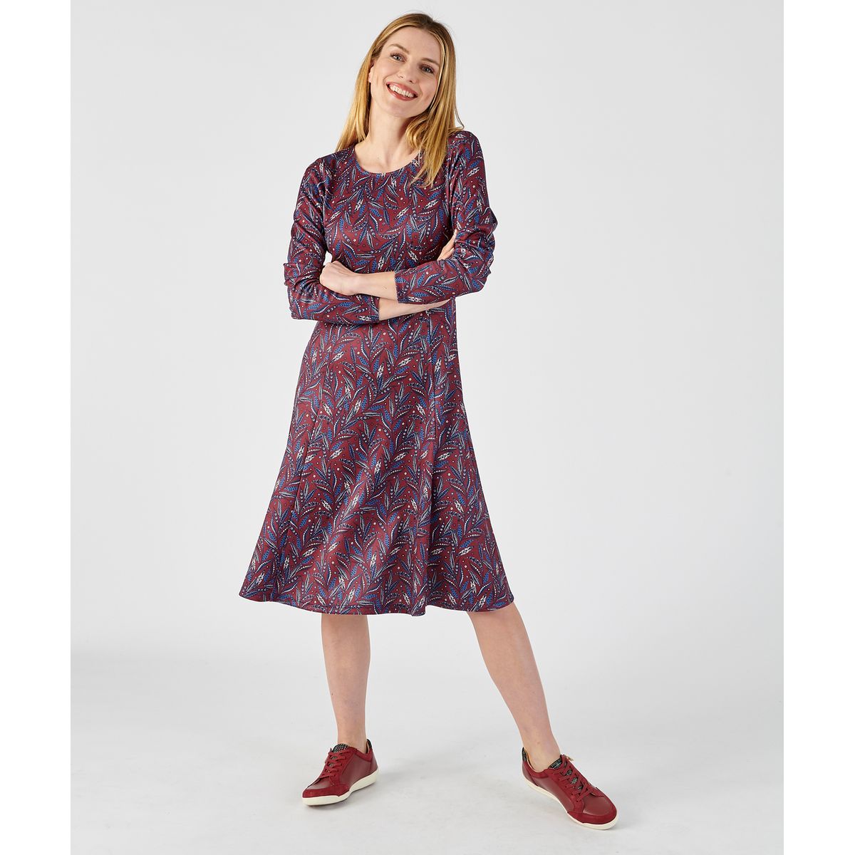 Robe forme patineuse maille chaude rouge bordeaux feuille Damart
