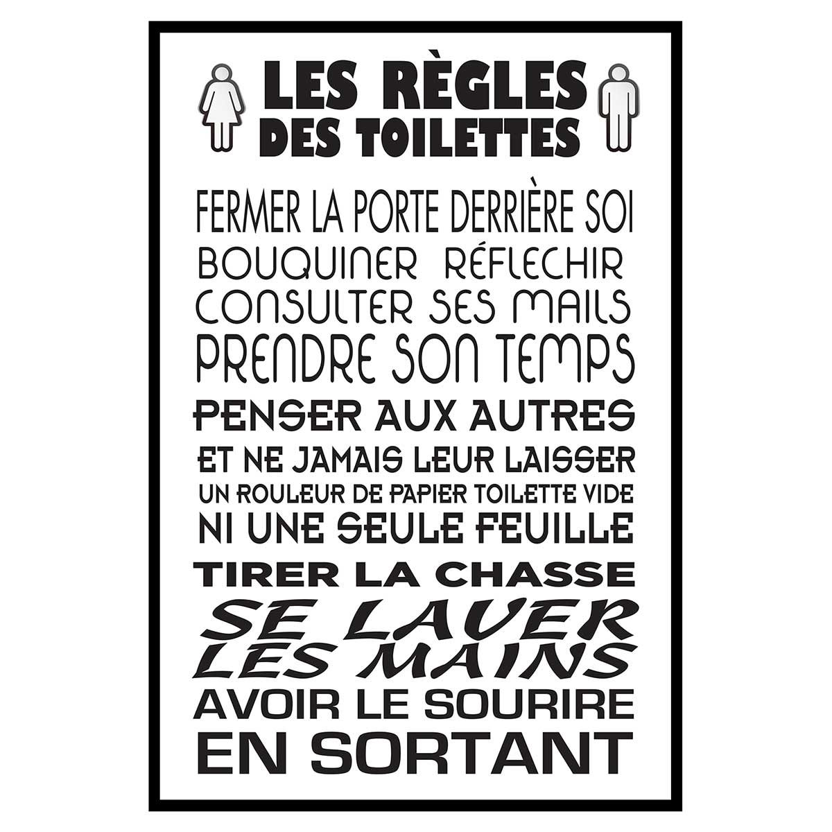 Affiche encadrée règles des toilettes typographie noire et blanche, HEXOA