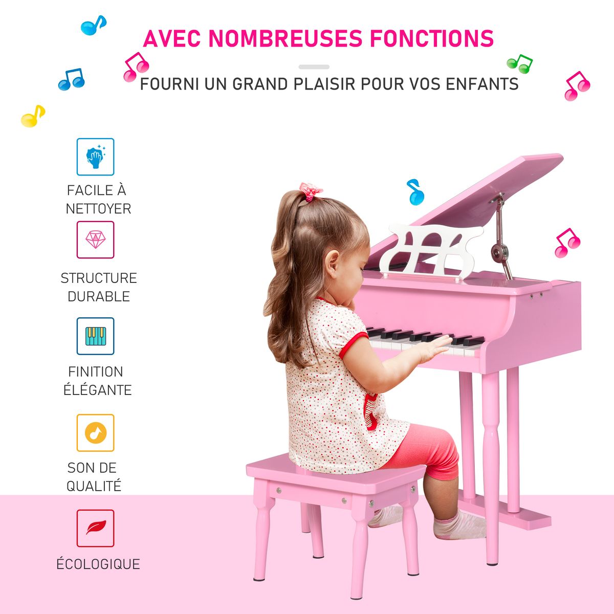 DREAMADE Piano à Queue Enfant en Bois 30 Touches avec Tabouret et