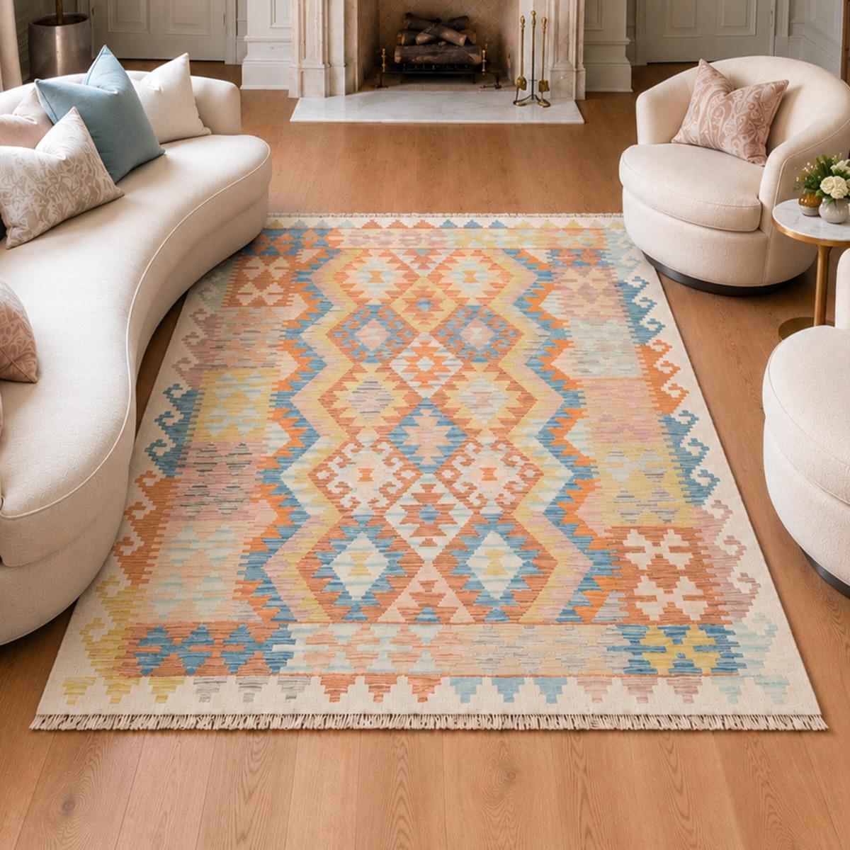 Tapis kilim, motif géométrique artisanal en laine, KILIM 85, UN AMOUR DE TAPIS