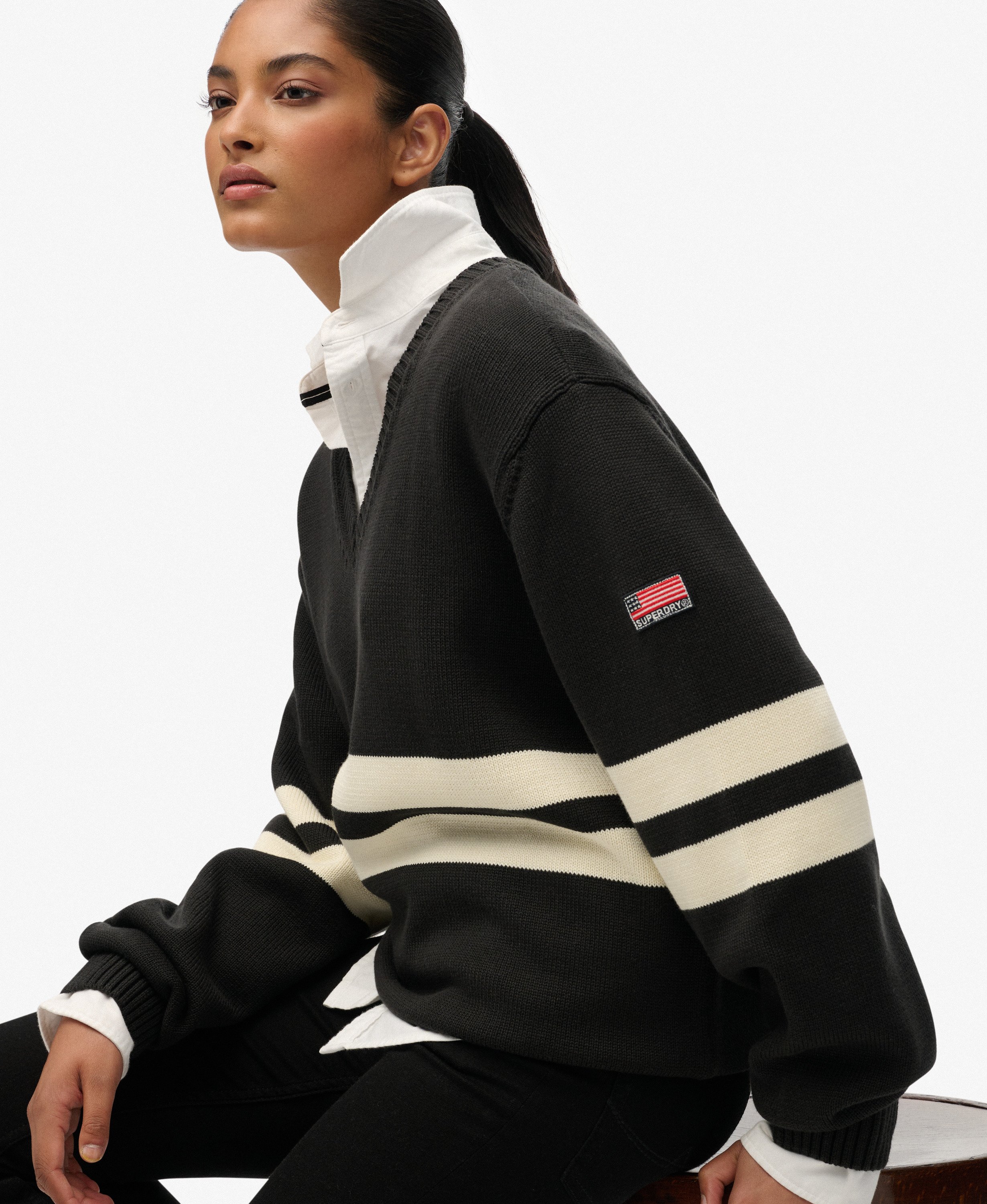 Pull Col V Rayé Oversize, SUPERDRY