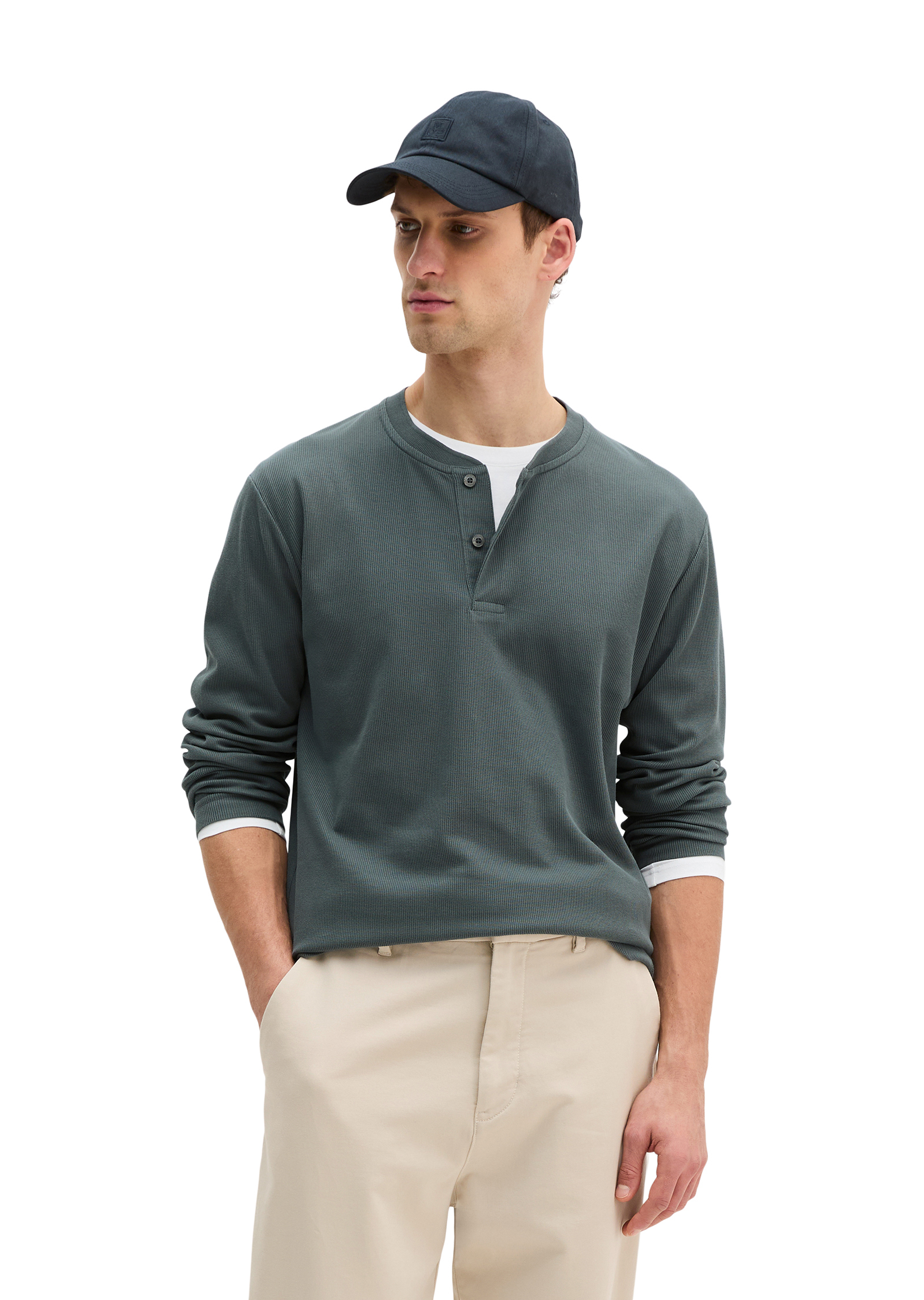 DfC Henley-Longsleeve regular en jersey interlock côtelé, MARC O'POLO