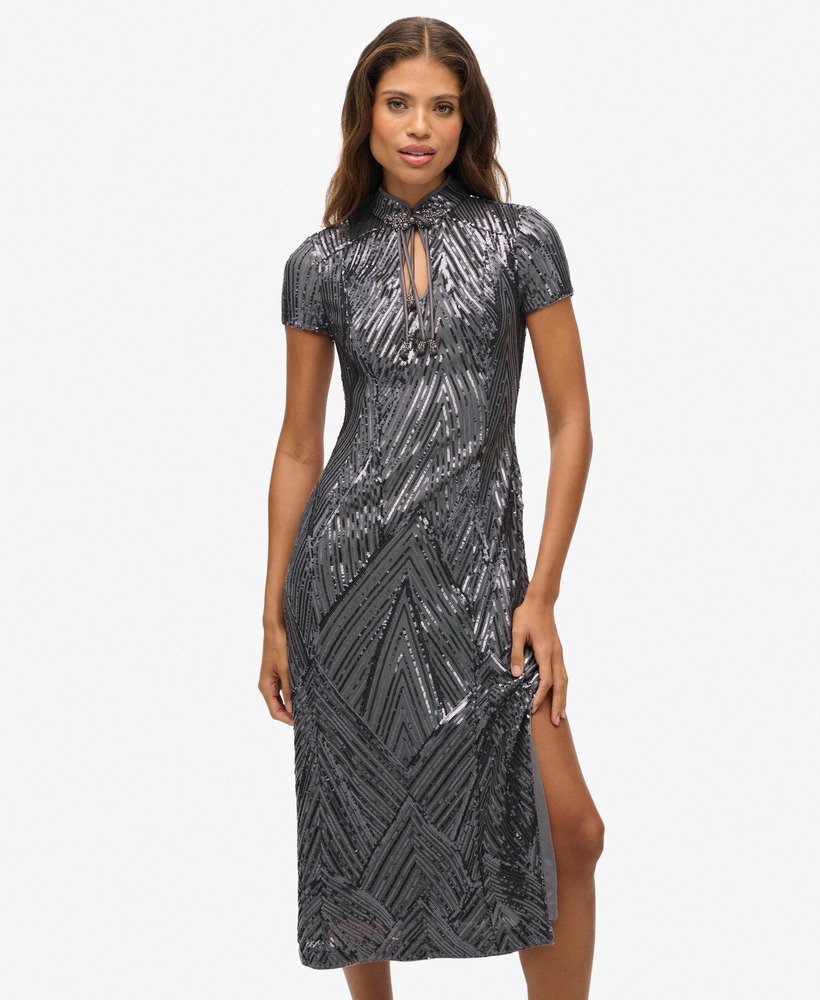 Robe mi-longue à col Mao et sequins, SUPERDRY