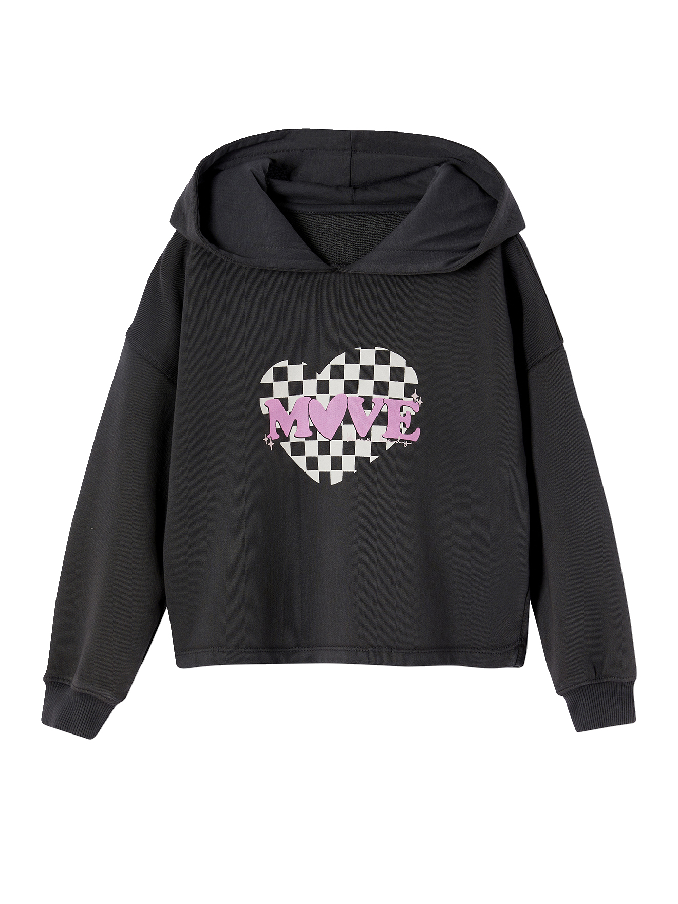 Sweat court à capuche sport motif coeur damier, VERTBAUDET