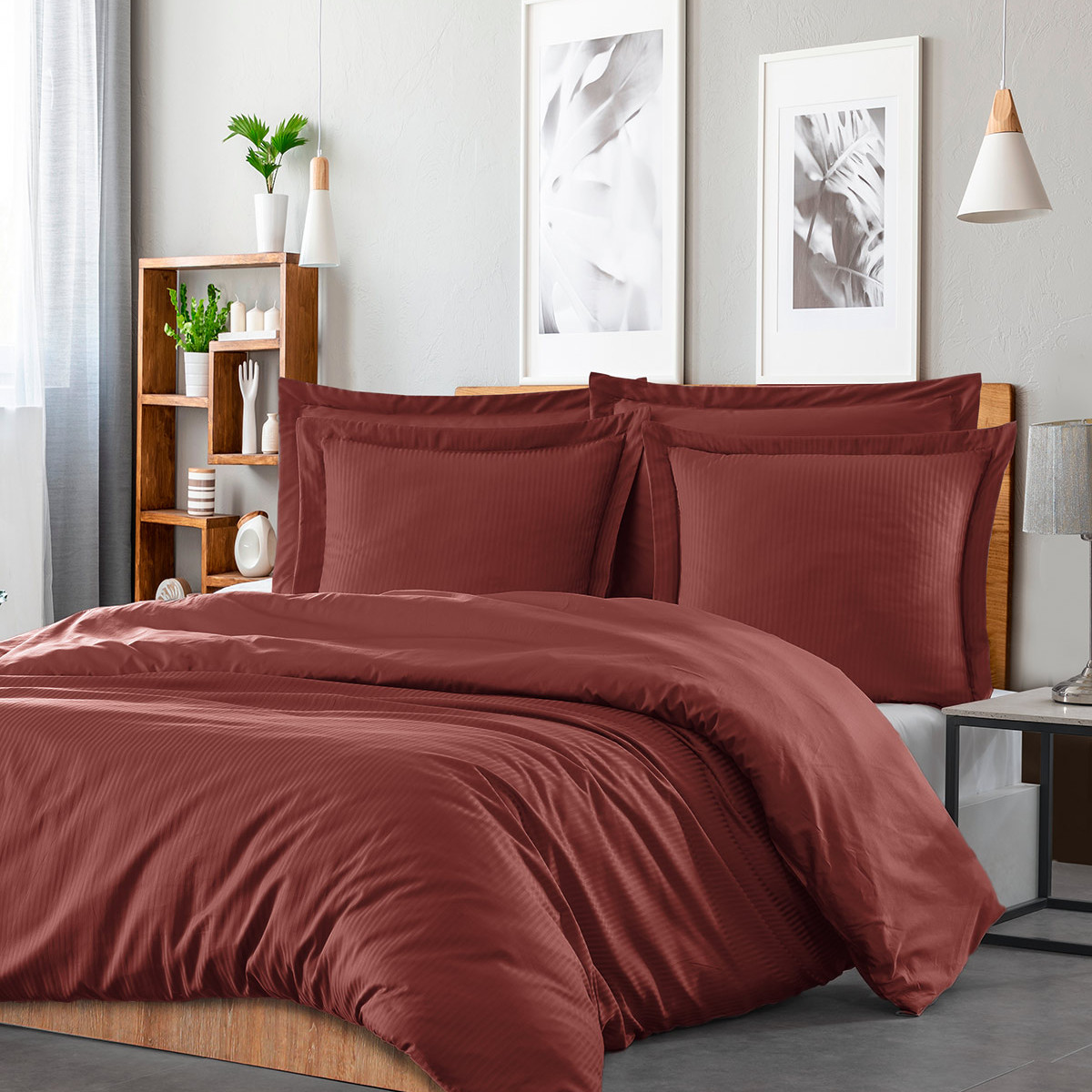 Housse De Couette Réversible Satin Coton Versailles 240x220 Cm - Taupe Rayée Élégante