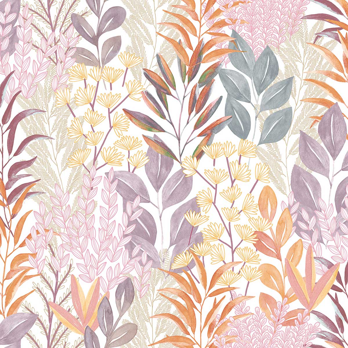 Papier peint feuillage aquarelle pastel rosé, HEXOA