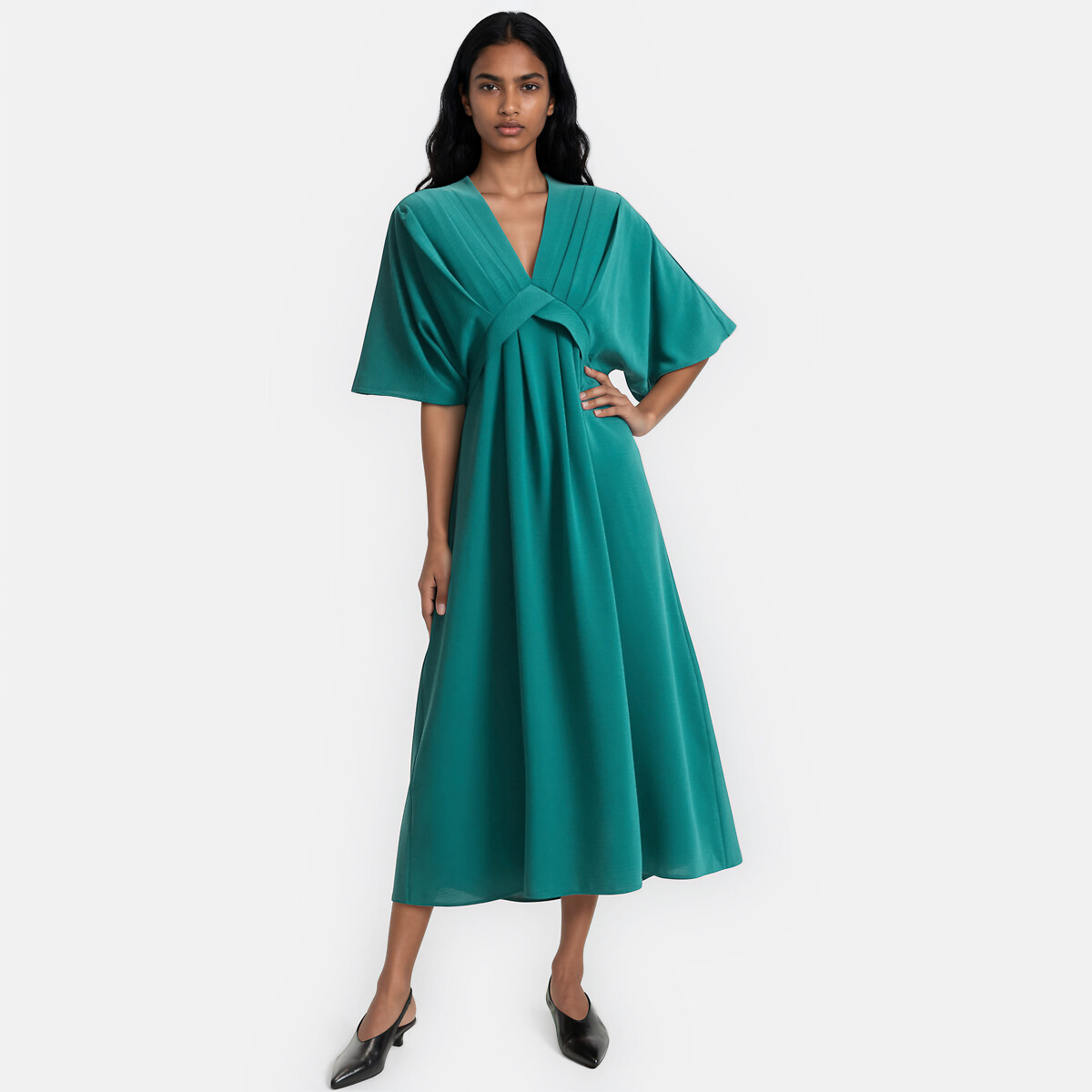 Vestido largo evasé, escote en pico, mangas hasta el codo, LA REDOUTE COLLECTIONS