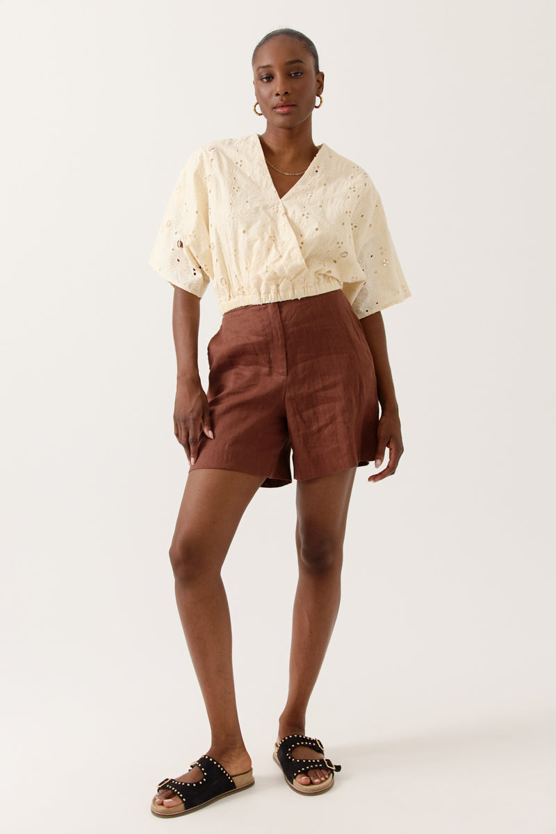 Blouse Flamina effet cache-cœur à col V croisé, manches courtes, broderie ajourée, ARTLOVE