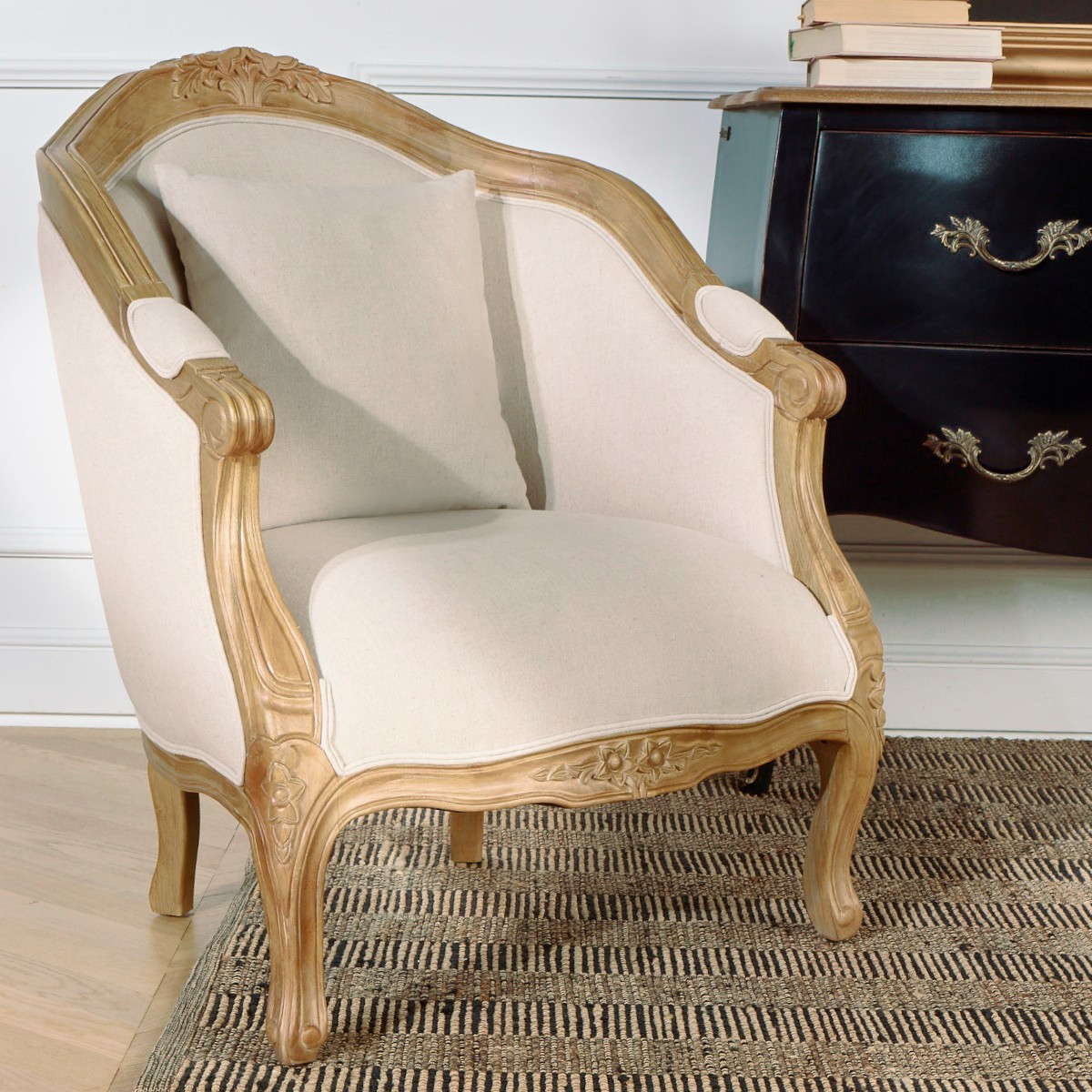Fauteuil en hévéa massif et lin coton ALEXANDRE, ROBIN DES BOIS