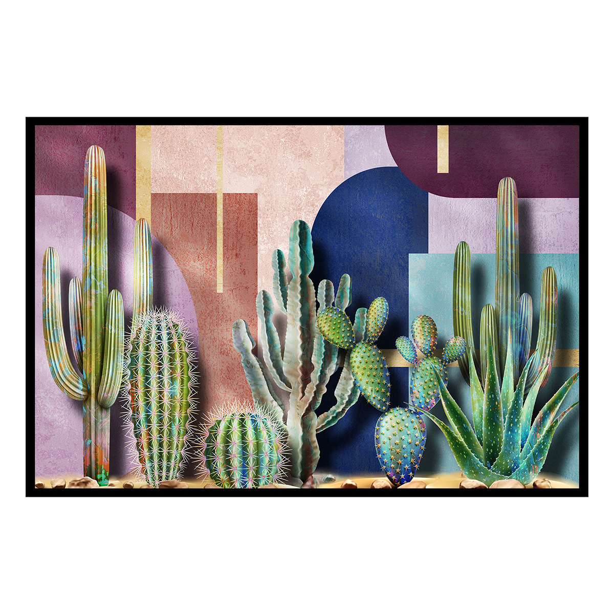 Affiche encadrée cactus graphiques colorés, HEXOA
