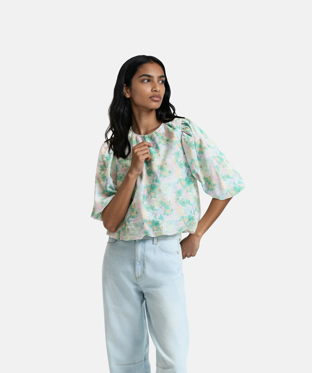 Floral Print Crew Neck Puff Sleeve Blouse, LA REDOUTE COLLECTIONS