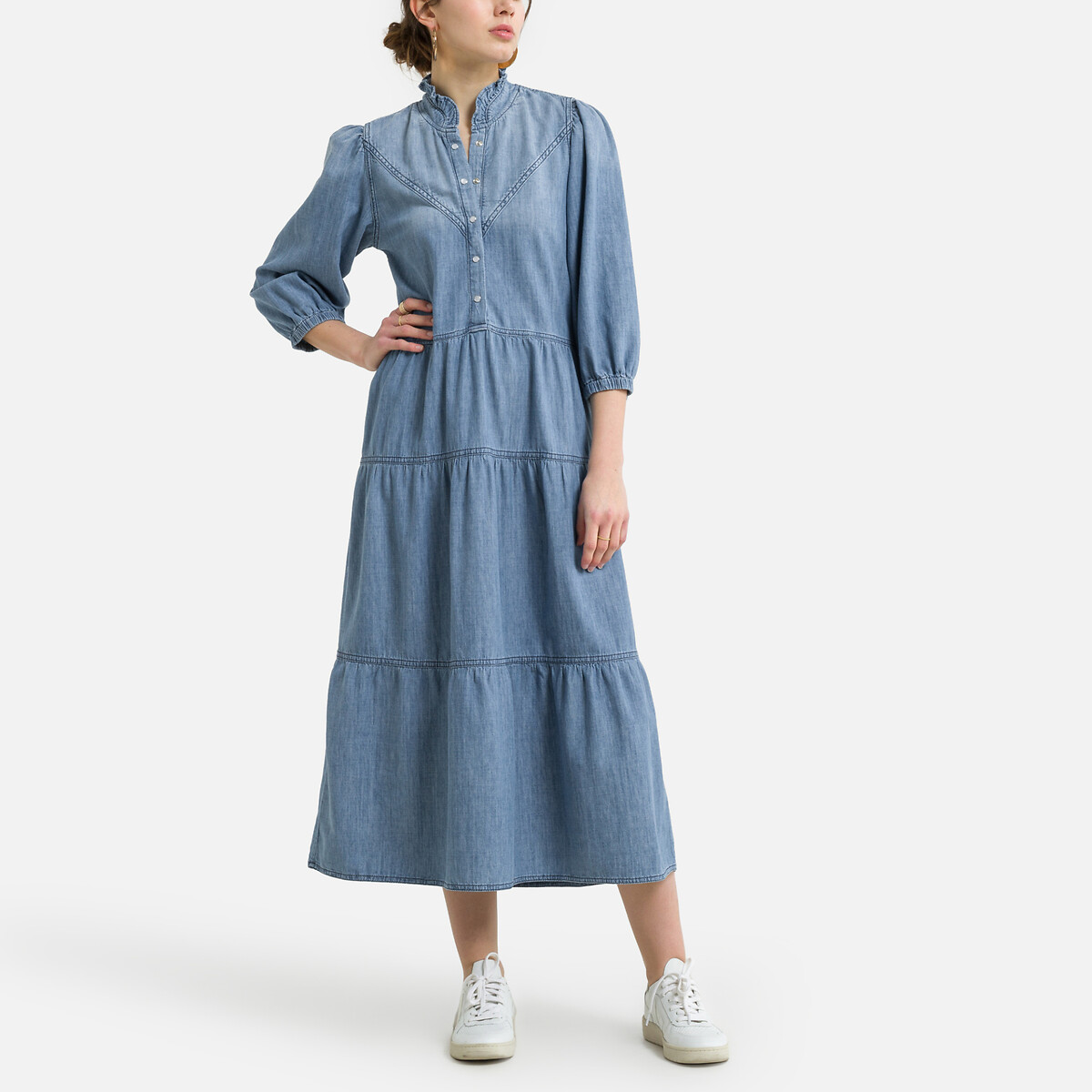 Willow Denim Relaxed Dress With Ruffled Collar