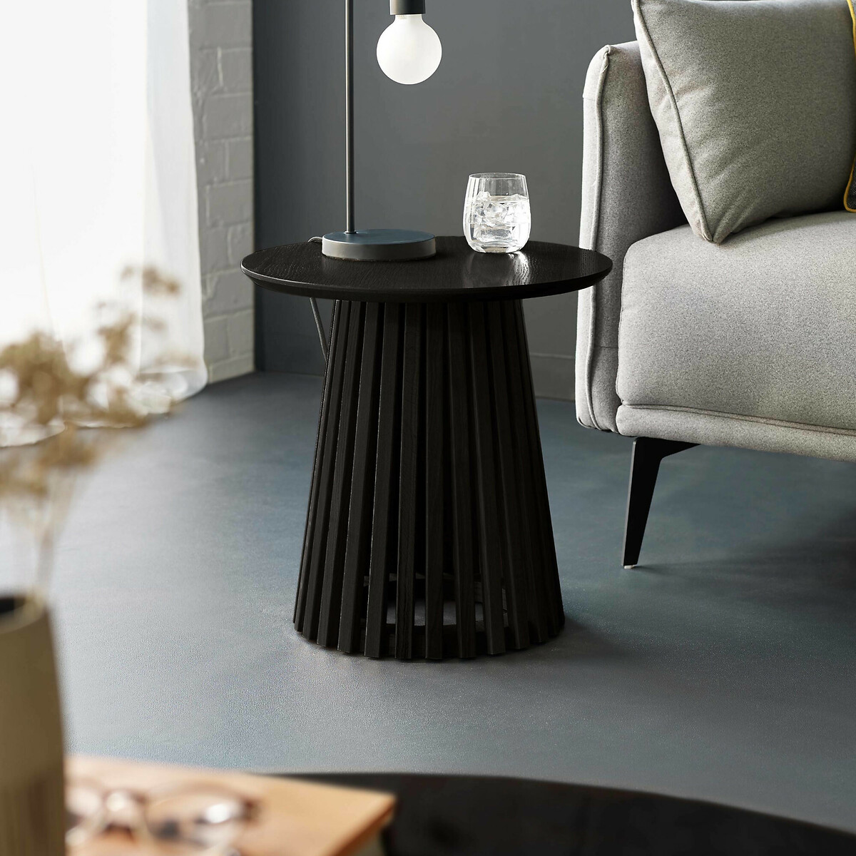 Osric Round Oak Slatted Side Table, SO'HOME