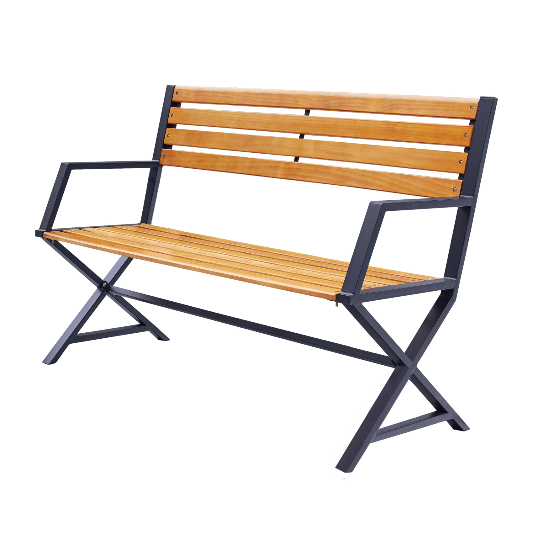 Banc en acier de couleur noir et pin couleur teck - 131x54 cm, IMAGIN