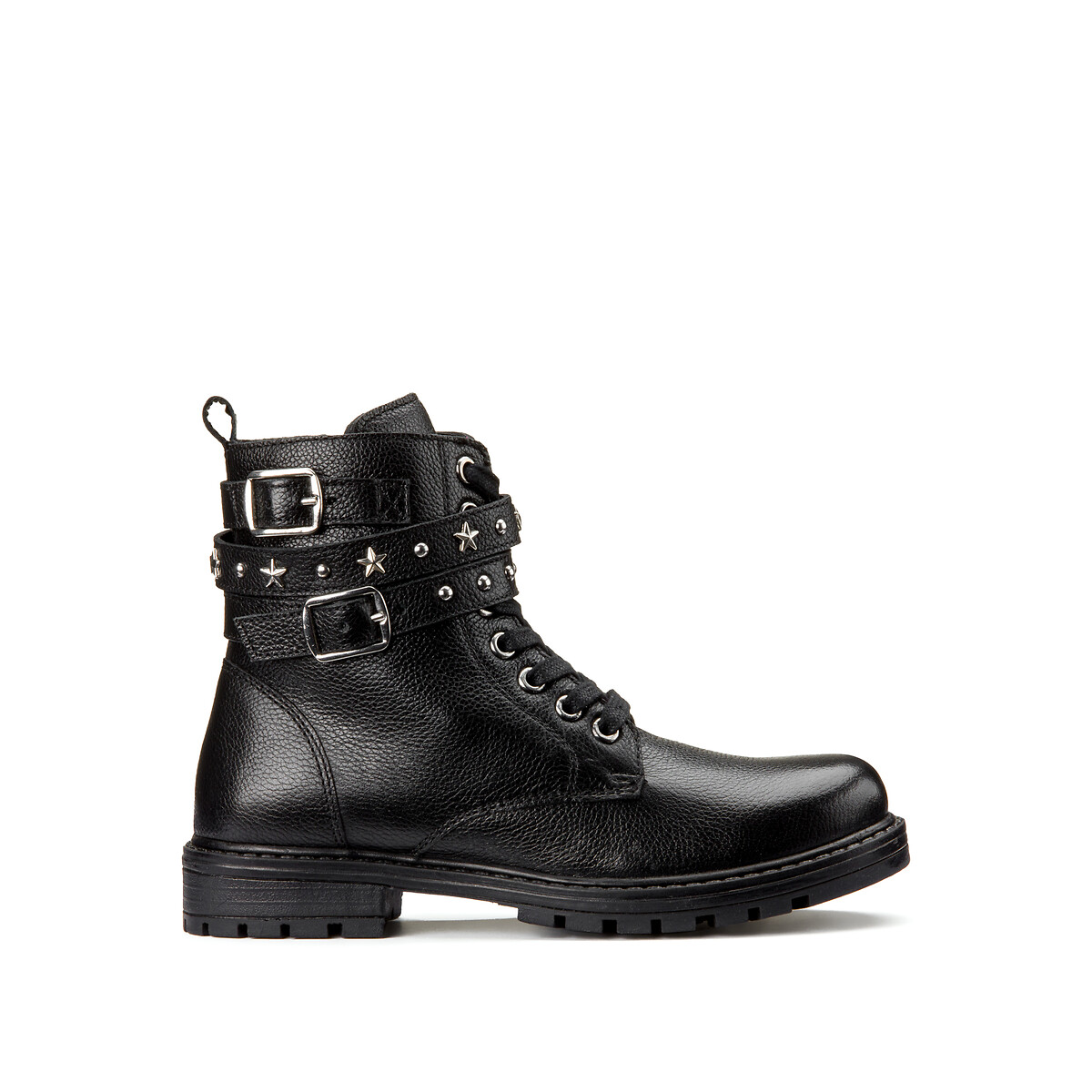 Kids' leather biker boots with laces, black, La Redoute Collections ...