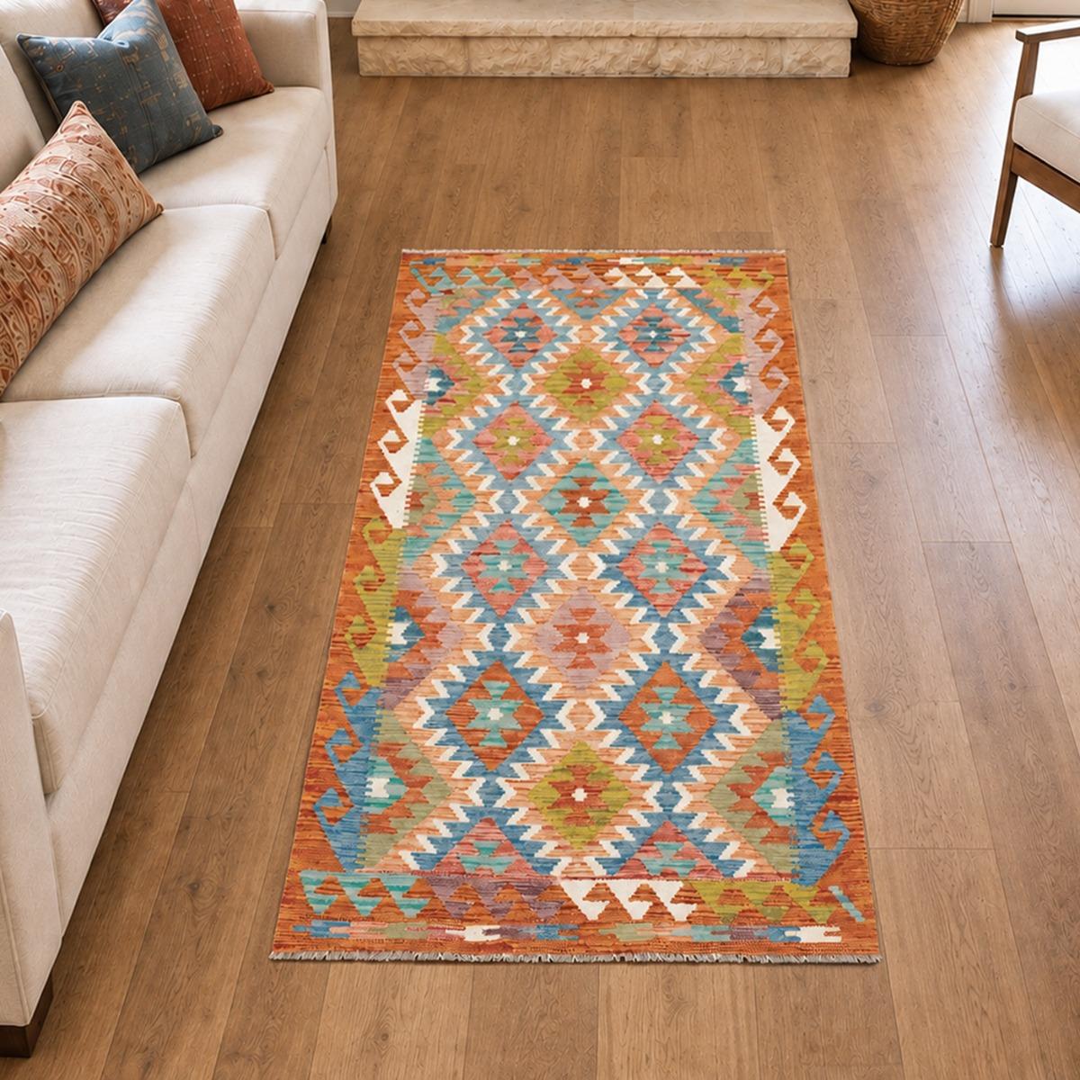 Tapis kilim, motif géométrique authentique, tissé plat, KILIM 28, UN AMOUR DE TAPIS