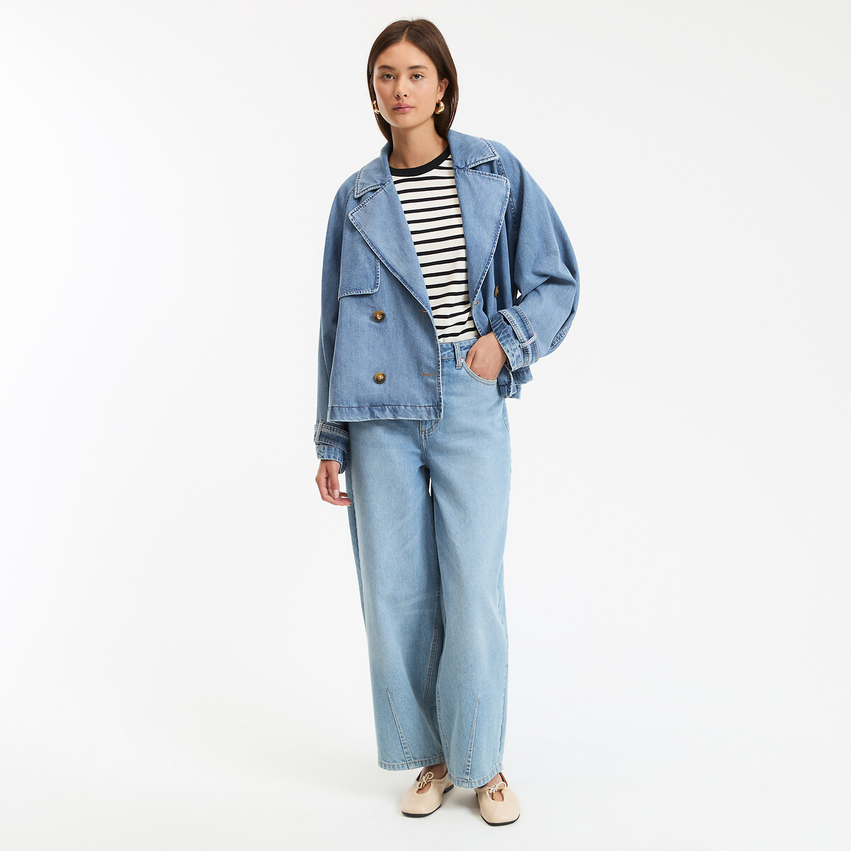 Signatures marcellin short trench coat in denim, stonewashed blue