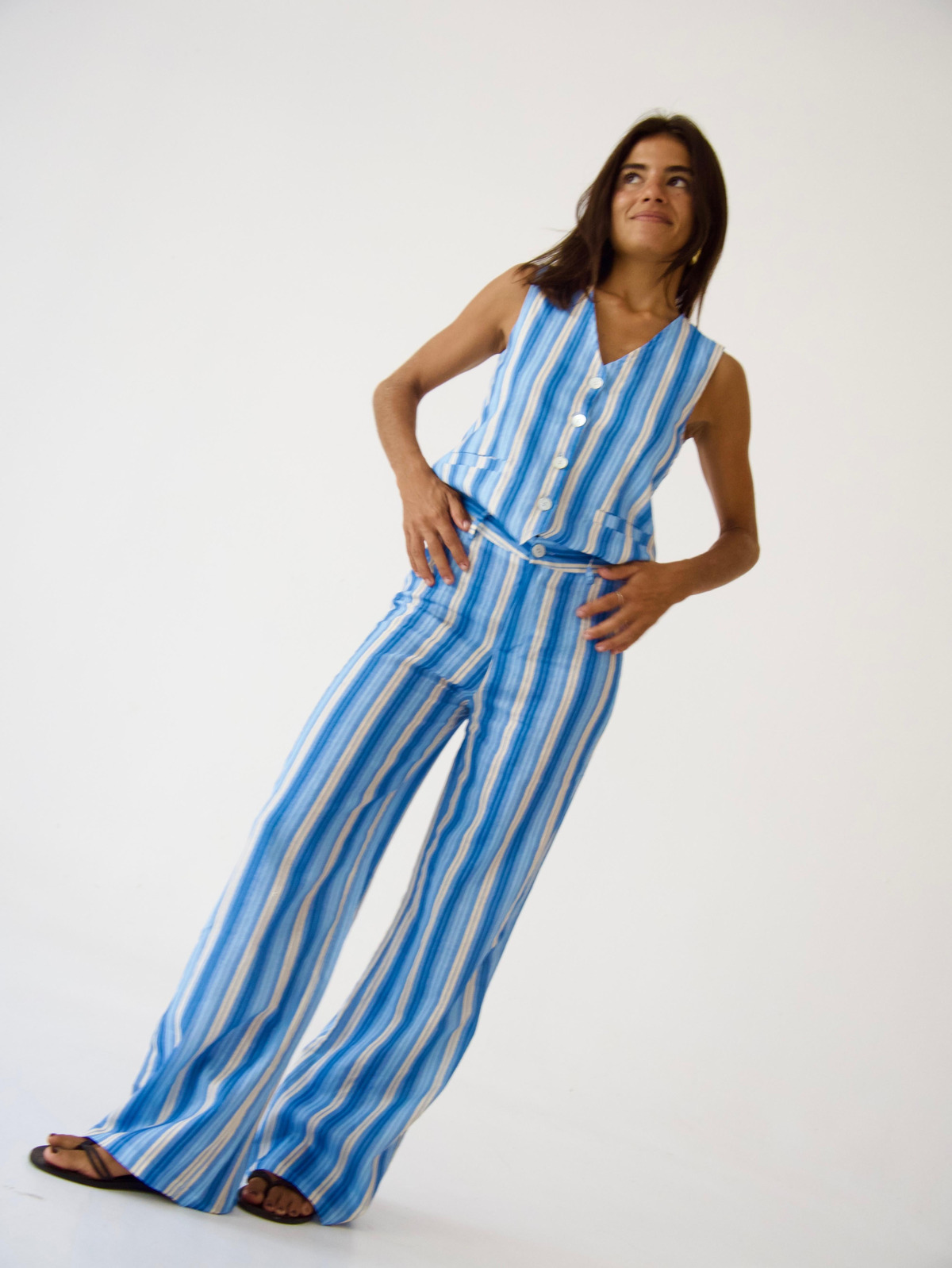 Pantalon à pinces rayé lin ANA, MINDTRAVELER