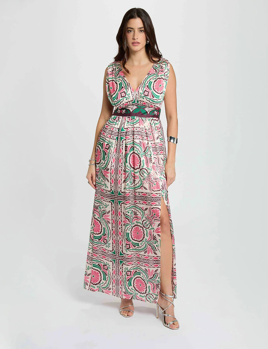 Robe longue imprimée col v, MORGAN