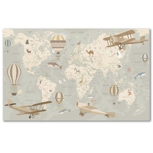 Tableau enfant carte du monde avions et montgolfières - 80x50 cm