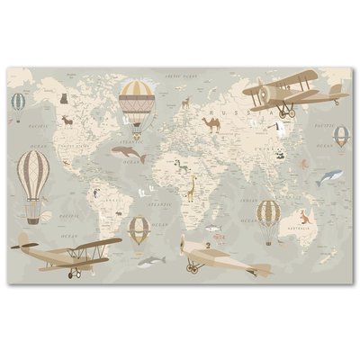 Tableau enfant carte du monde avions et montgolfières - 80x50 cm HEXOA