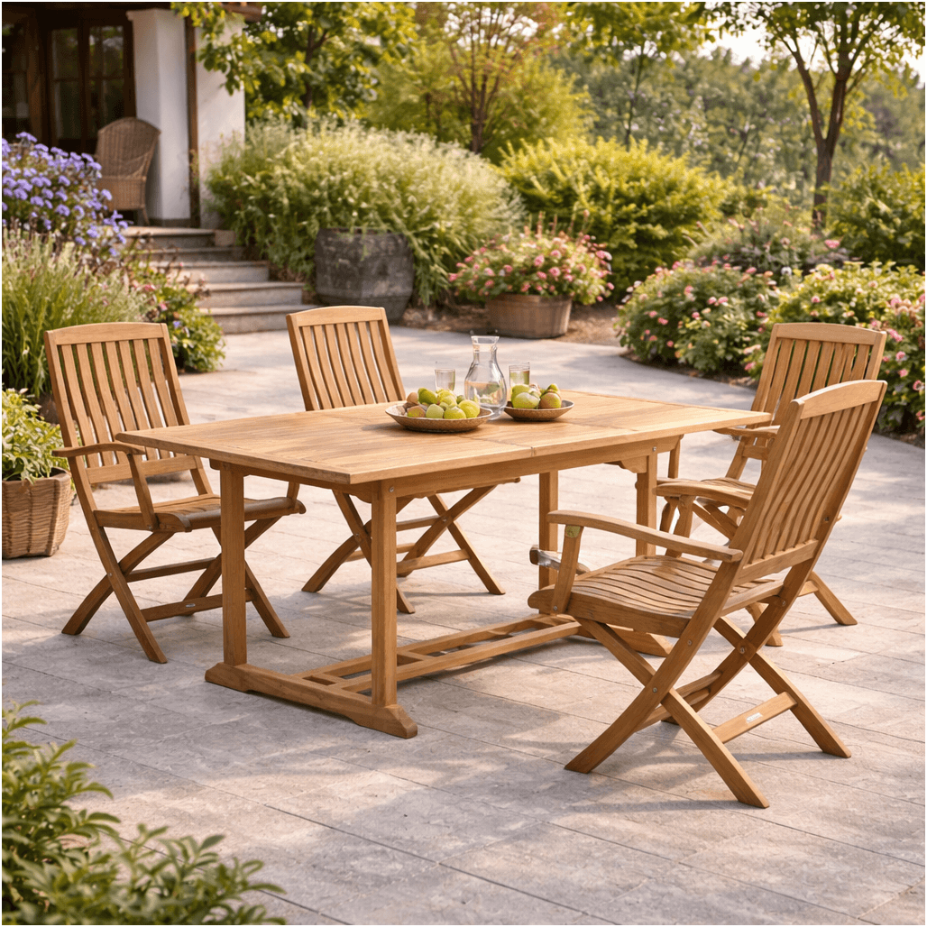 Ensemble table de jardin en teck Nina 160/210 et 4 fauteuils Lisato, WANDA COLLECTION