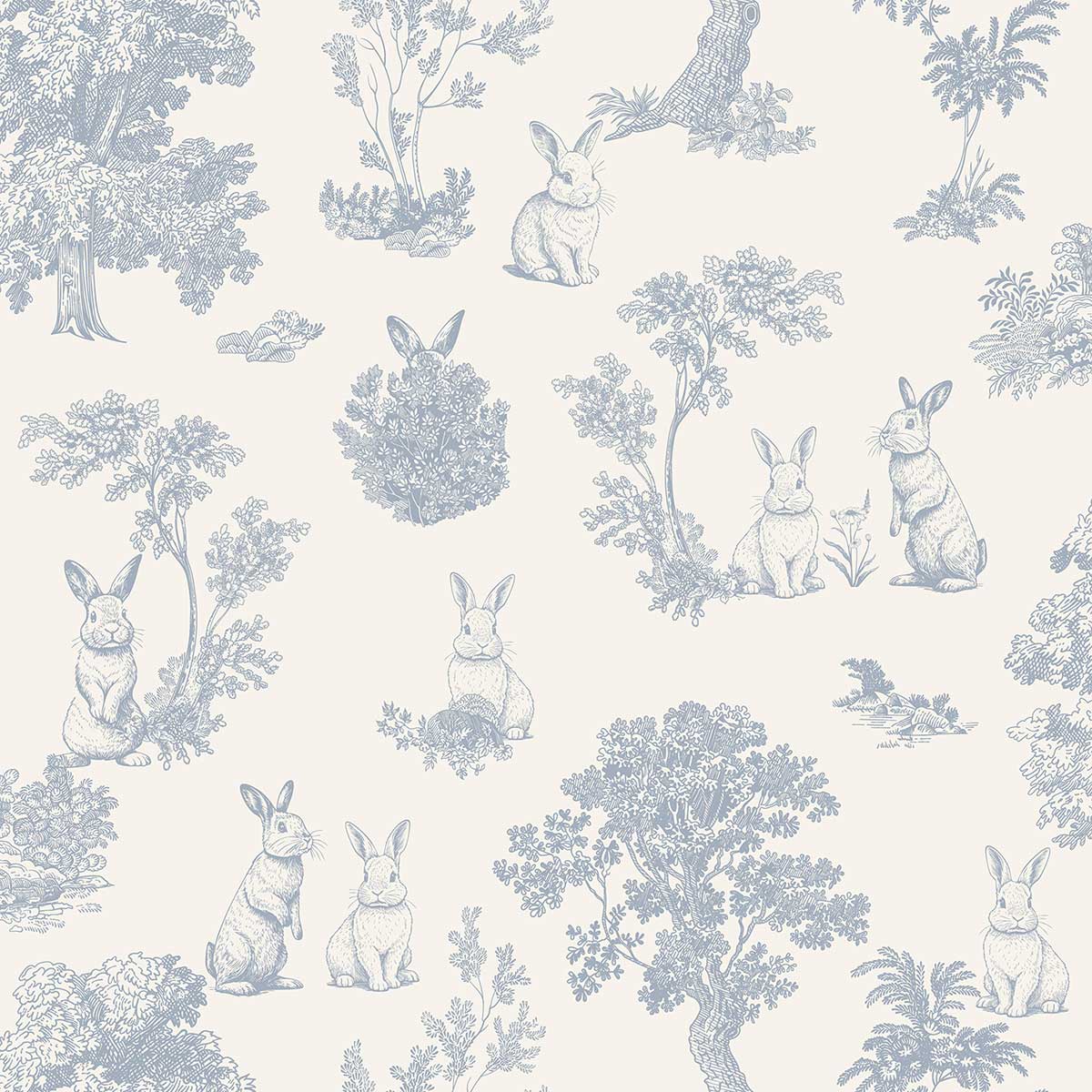 Papier peint lapin toile de Jouy bleu blanc, HEXOA