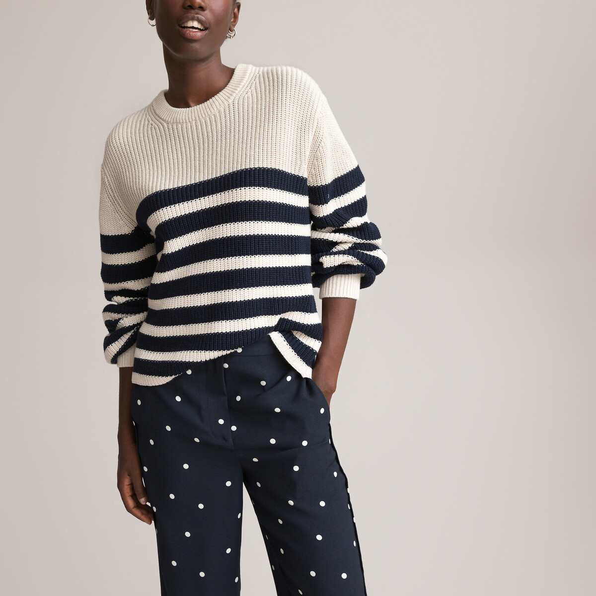 Breton Striped Jumper in Cotton Mix with Crew Neck and Puff Sleeves