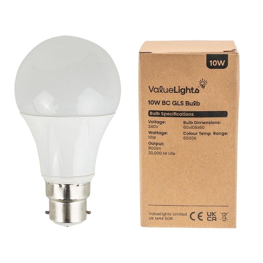 Set of 6 B22 10W LED SMD GLS Bulbs in Cool White, MINISUN