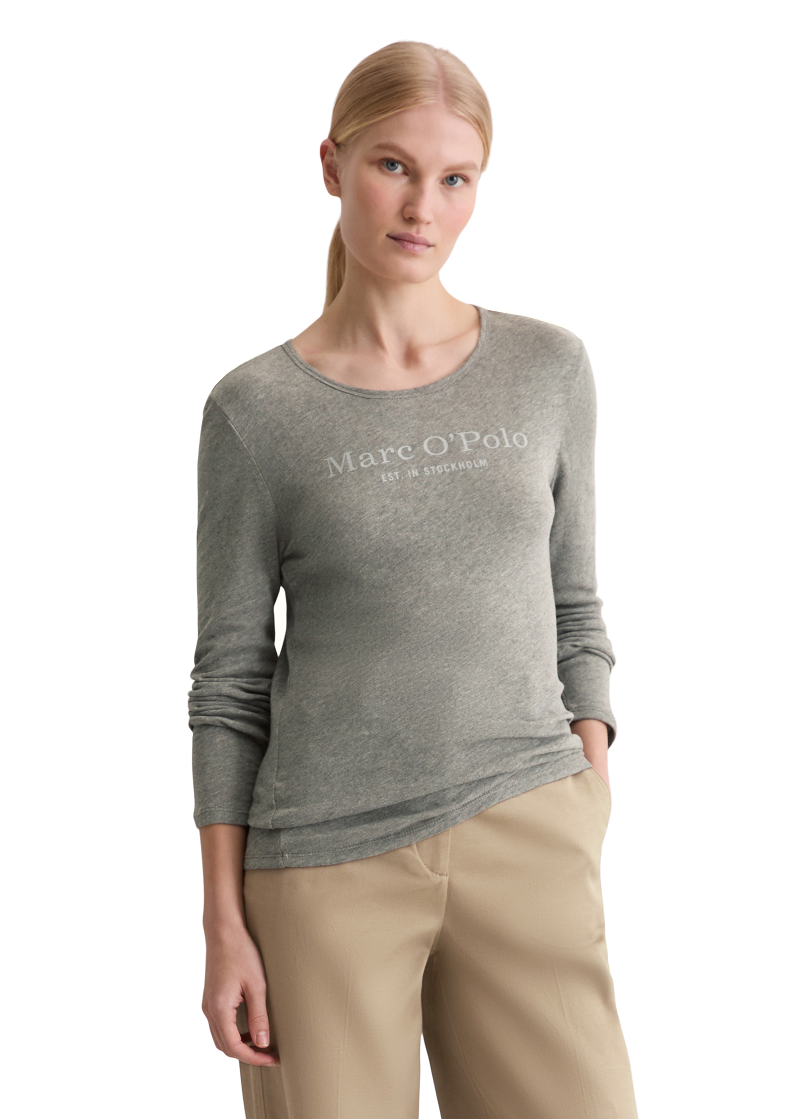 T-shirt long à logo regular en jersey slub, MARC O'POLO