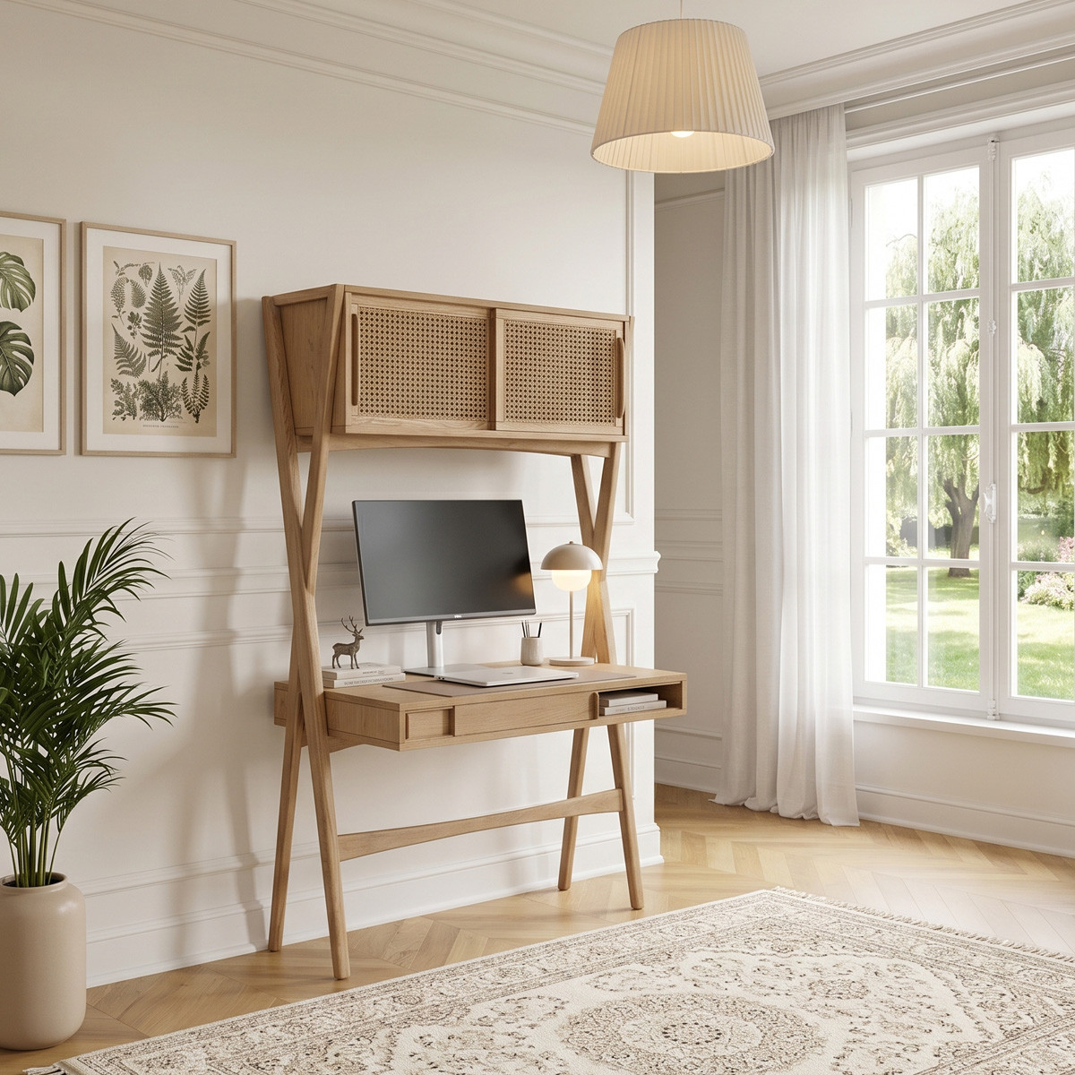 Bureau étagère en chêne et cannage, style contemporain, 1 tiroir KITTY, ROBIN DES BOIS