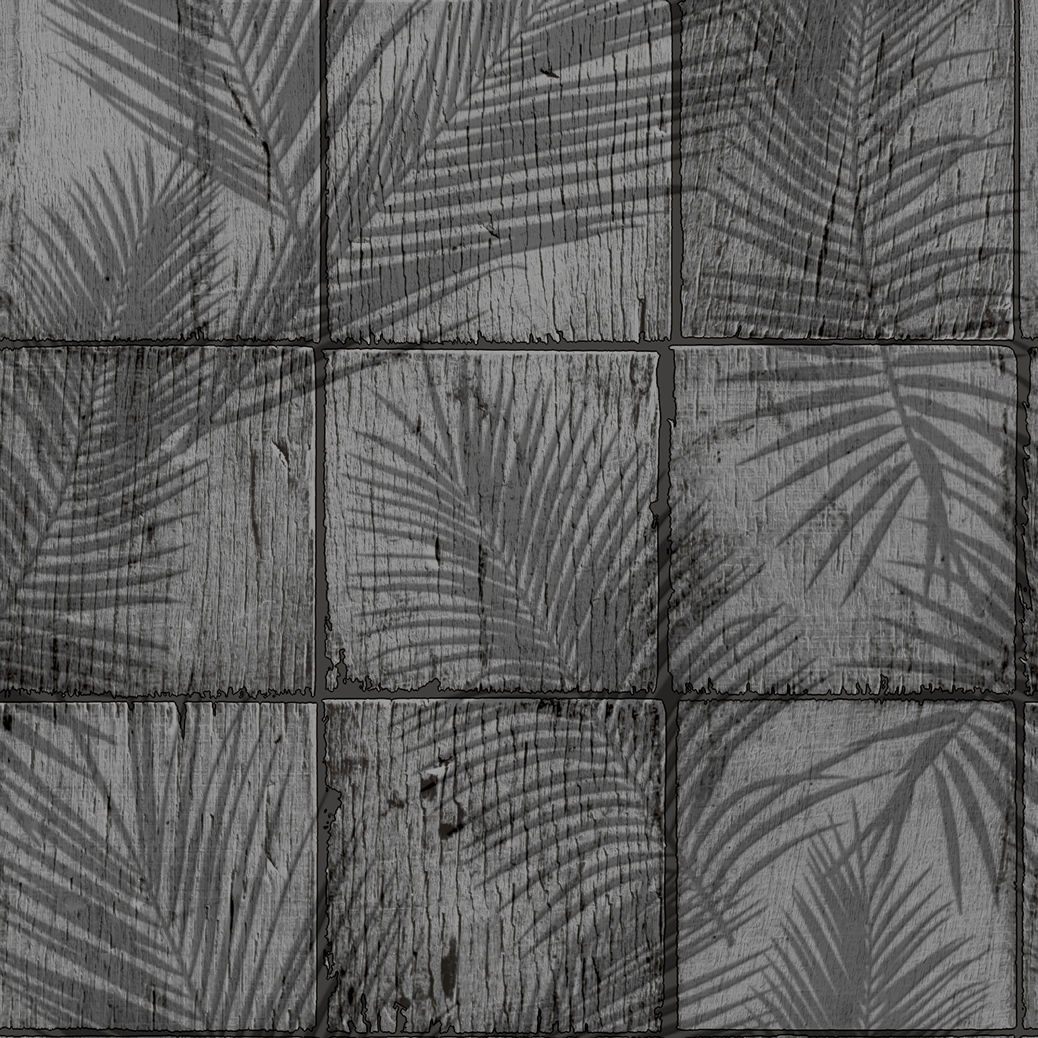 Papier peint carreaux bois patiné ombres palmiers, HEXOA